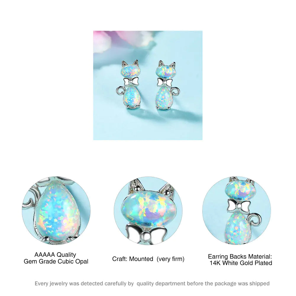 Chic Cat Bow Ear Studs in Opal Platinum