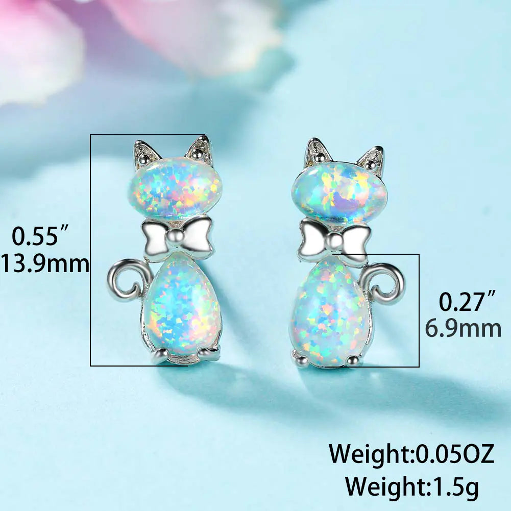 Chic Cat Bow Ear Studs in Opal Platinum