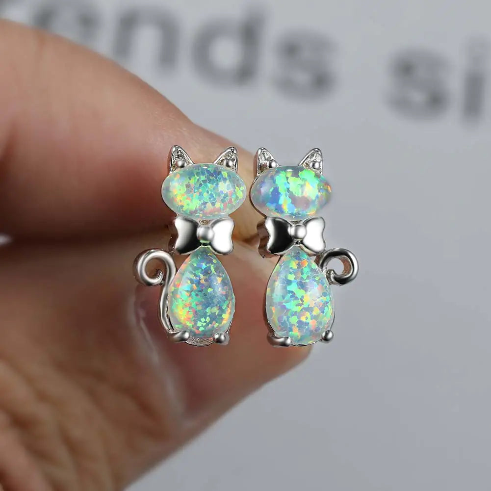 Chic Cat Bow Ear Studs in Opal Platinum