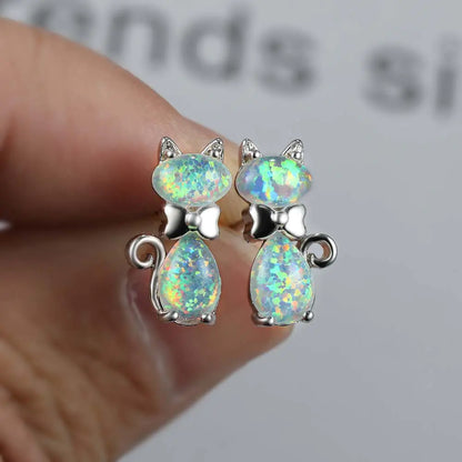 Chic Cat Bow Ear Studs in Opal Platinum