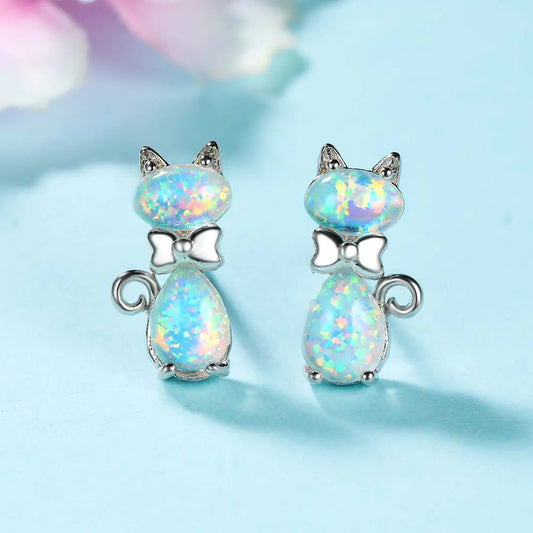 Chic Cat Bow Ear Studs in Opal Platinum