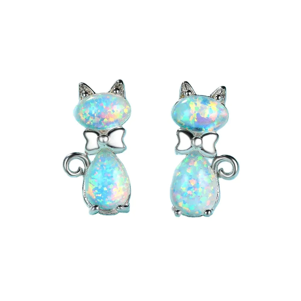 Chic Cat Bow Ear Studs in Opal Platinum