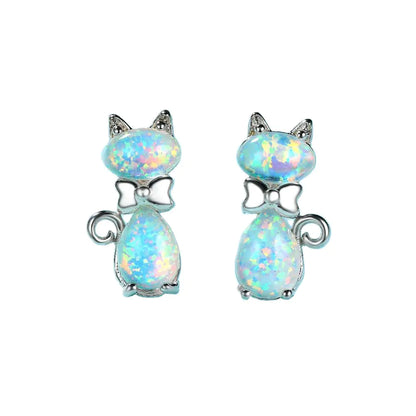 Chic Cat Bow Ear Studs in Opal Platinum